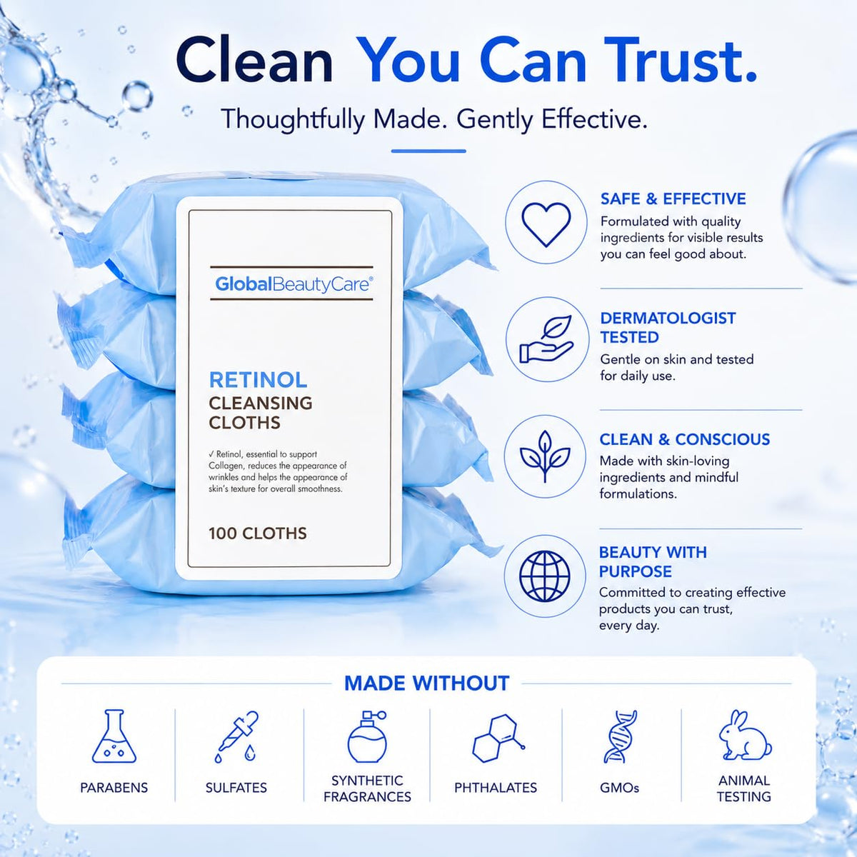 Retinol Waterproof Makeup Remover Facial Cleansing Wipes